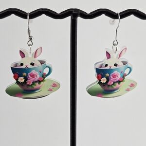 Easter Bunny in a Teacup 2D Acrylic Earrings with Stainless Steel Wires